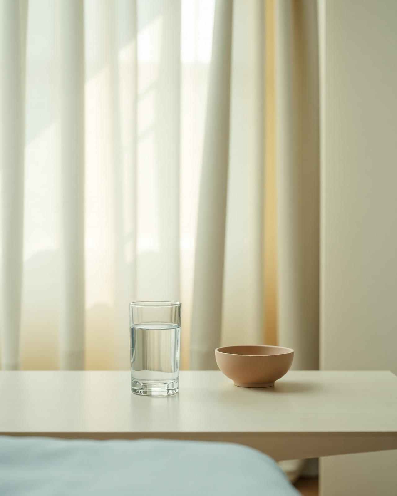 Un vaso de agua en una sala clínica iluminada con luz natural